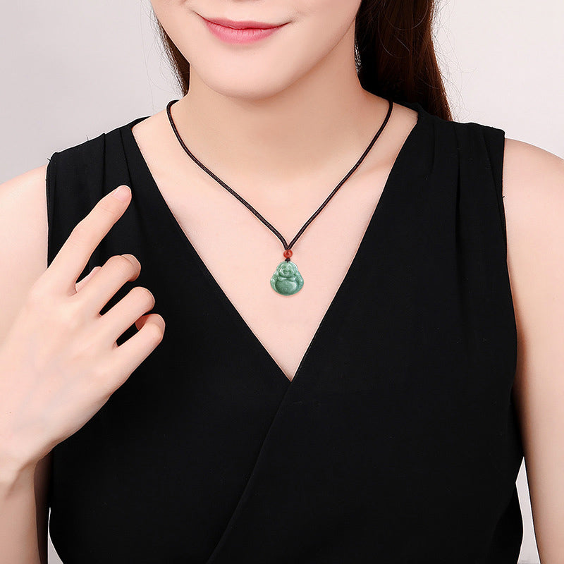 Buddha Stones Laughing Buddha Cyan Jade Success Necklace String Pendant - image 5