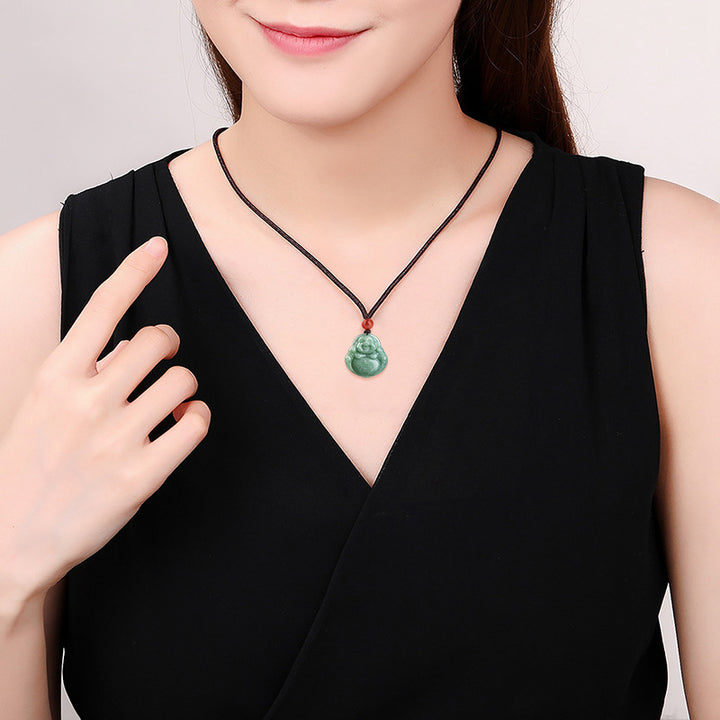 Buddha Stones Laughing Buddha Cyan Jade Success Necklace String Pendant - image 5