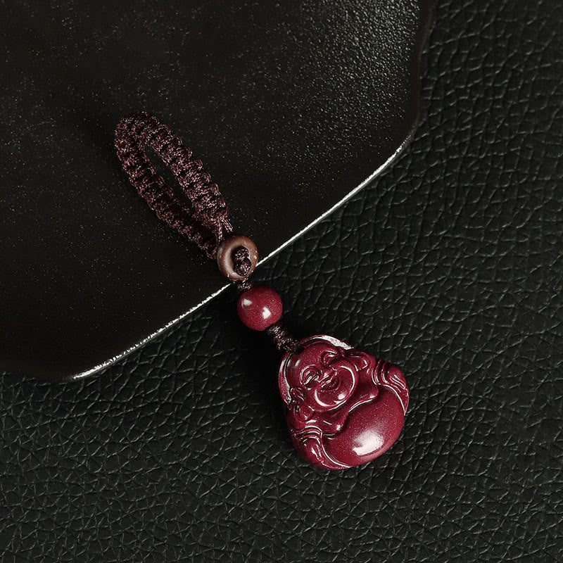 Buddha Stones Laughing Buddha Cinnabar Blessing Necklace Pendant Phone Hanging Decoration Key Chain - Key Chain - Brown - image 8
