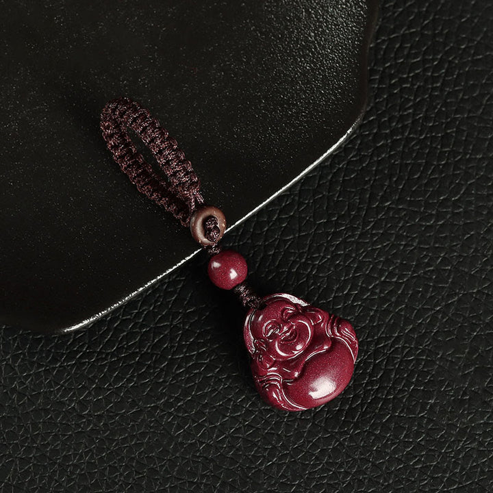 Buddha Stones Laughing Buddha Cinnabar Blessing Necklace Pendant Phone Hanging Decoration Key Chain - Key Chain - Brown - image 8