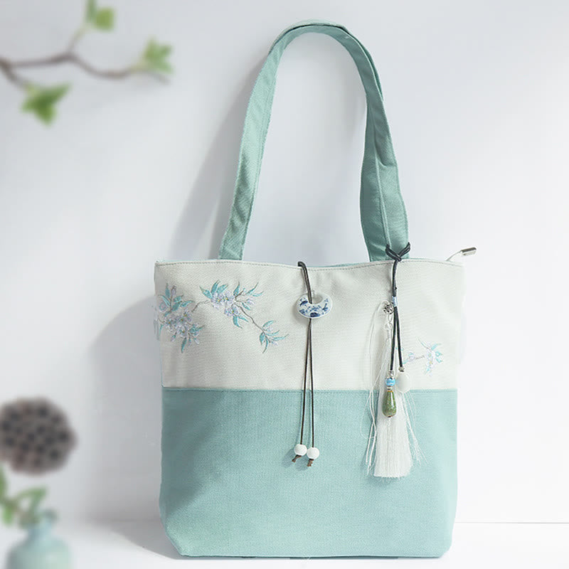 Pear Flower Plum Peach Blossom Bamboo Embroidery Canvas Large Capacity Shoulder Bag Tote Bag - Green White Pear Flower - image 0