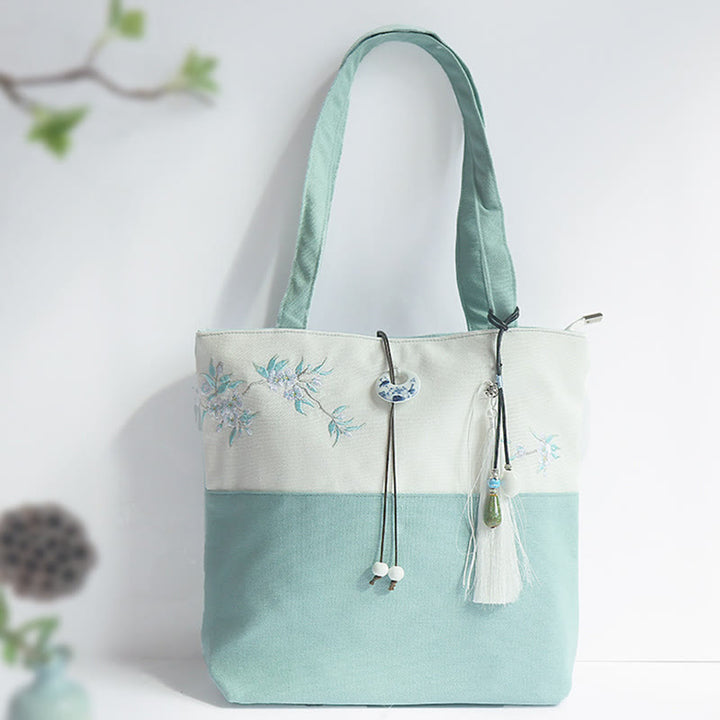 Pear Flower Plum Peach Blossom Bamboo Embroidery Canvas Large Capacity Shoulder Bag Tote Bag - Green White Pear Flower - image 0