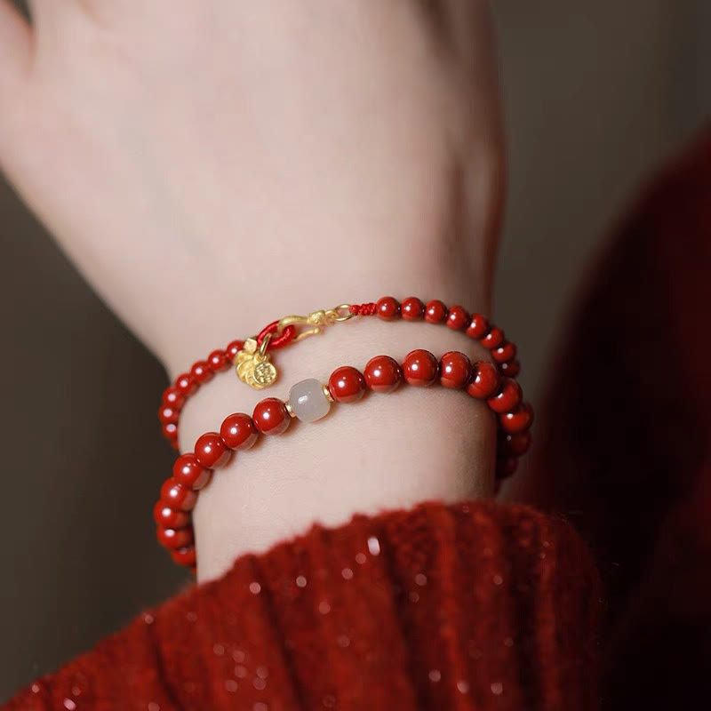 Buddha Stones Natural Cinnabar Round Coin Blessing Bracelet