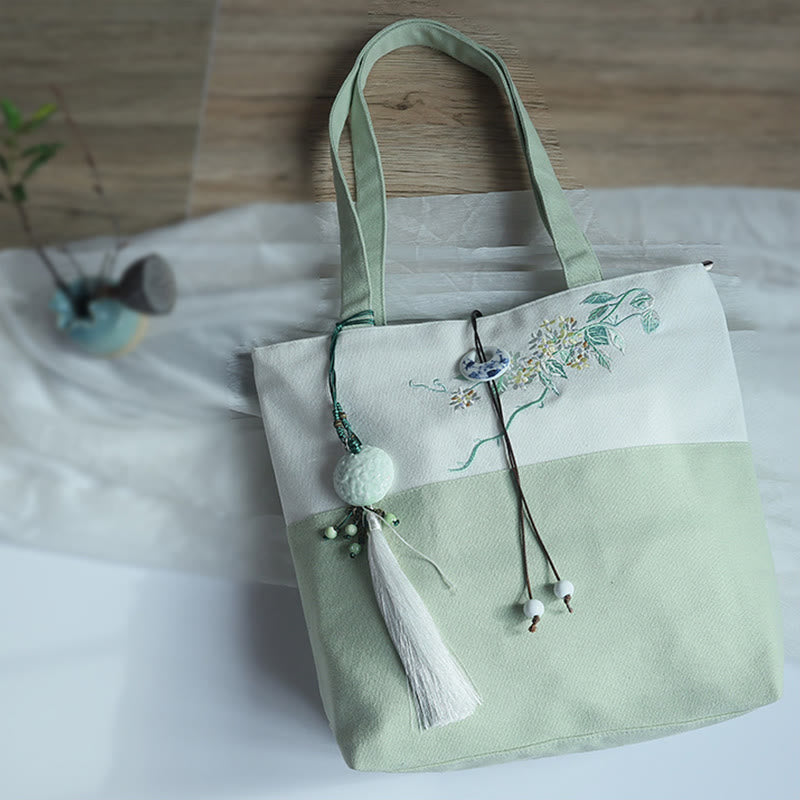 Pear Flower Plum Peach Blossom Bamboo Embroidery Canvas Large Capacity Shoulder Bag Tote Bag - image 38
