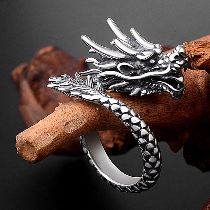 Buddha Stones 990 Sterling Silver Vintage Dragon Design Luck Protection Strength Adjustable Ring