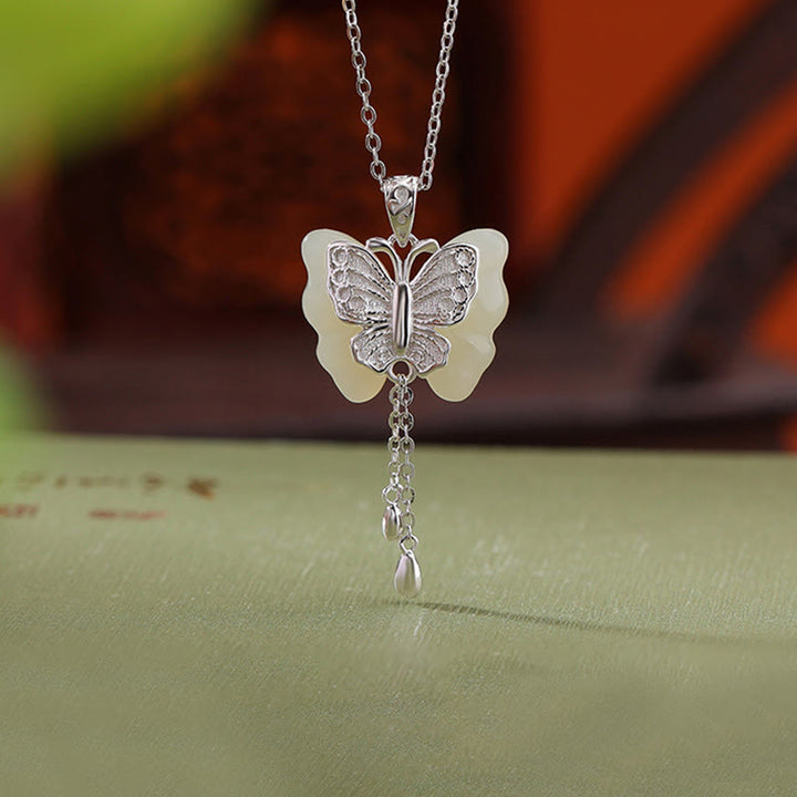 Buddha Stones 925 Sterling Silver Plated Gold Hetian White Jade Butterfly Blessing Necklace Pendant - image 10