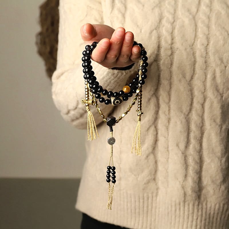 Tibetan 108 Mala Beads Black Onyx Three-eyed Dzi Beads Protection Bracelet - image 1