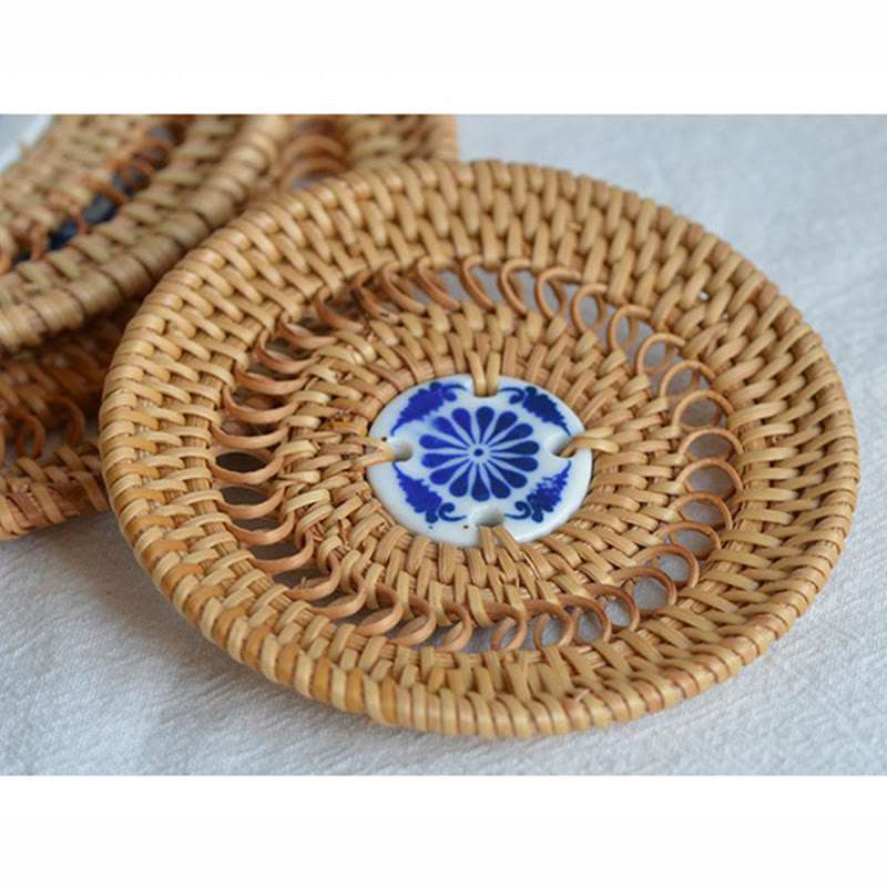 Ceramic Flower Pattern Rattan Cup Mat Tea Cup Coaster - image 16