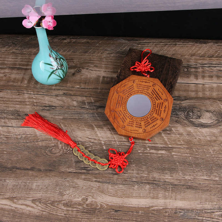 Feng Shui Bagua Map Peach Wood Five-Emperor Coins Chinese Knotting Balance Energy Map Mirror - 20*2cm - Concave Mirror - Bagua Map&Five Emperor Coins - image 3