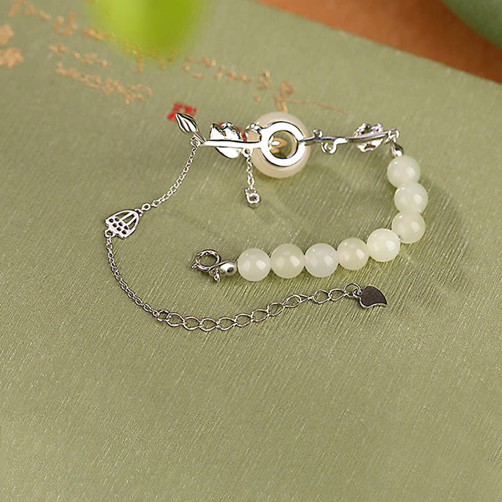 Buddha Stones 925 Sterling Silver Hetian Jade Peace Buckle Lotus Luck Chain Bracelet - image 9