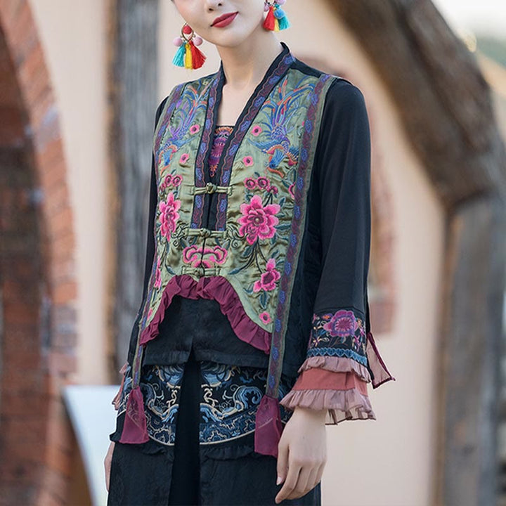 Buddha Stones Vintage Embroidery Flower Pattern Tang Suit Design Vest