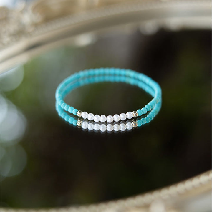 Buddha Stones 925 Sterling Silver Natural Turquoise Pearl Beaded Bracelet - image 13