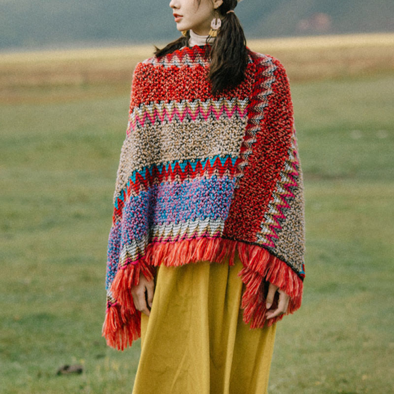 Buddha Stones Tibetan Shawl Warm Cloak Tibetan Tassel Scarf - Red Pullover - image 13