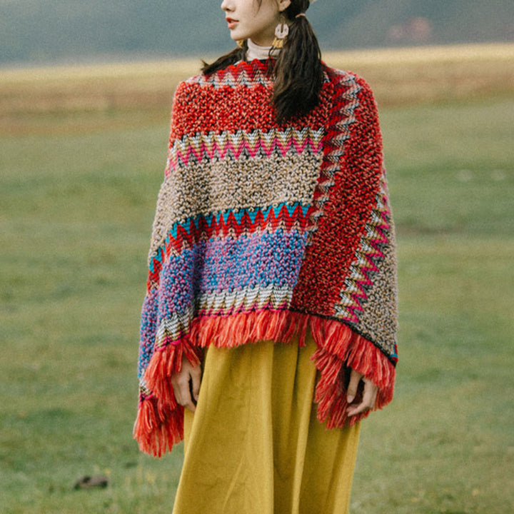 Buddha Stones Tibetan Shawl Warm Cloak Tibetan Tassel Scarf - Red Pullover - image 13