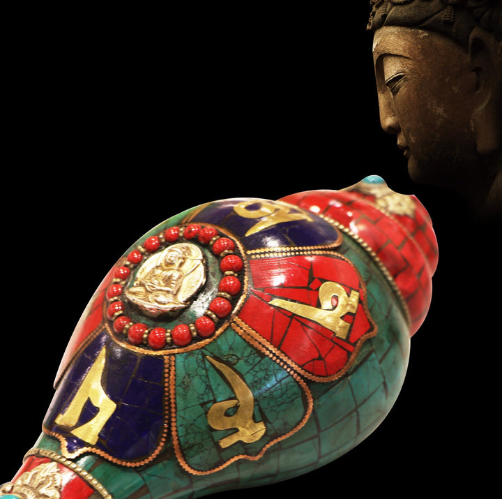 Tibetan Handmade Shankha Om Mani Padme Hum Buddha Conch Shell Lucky Decoration - image 2