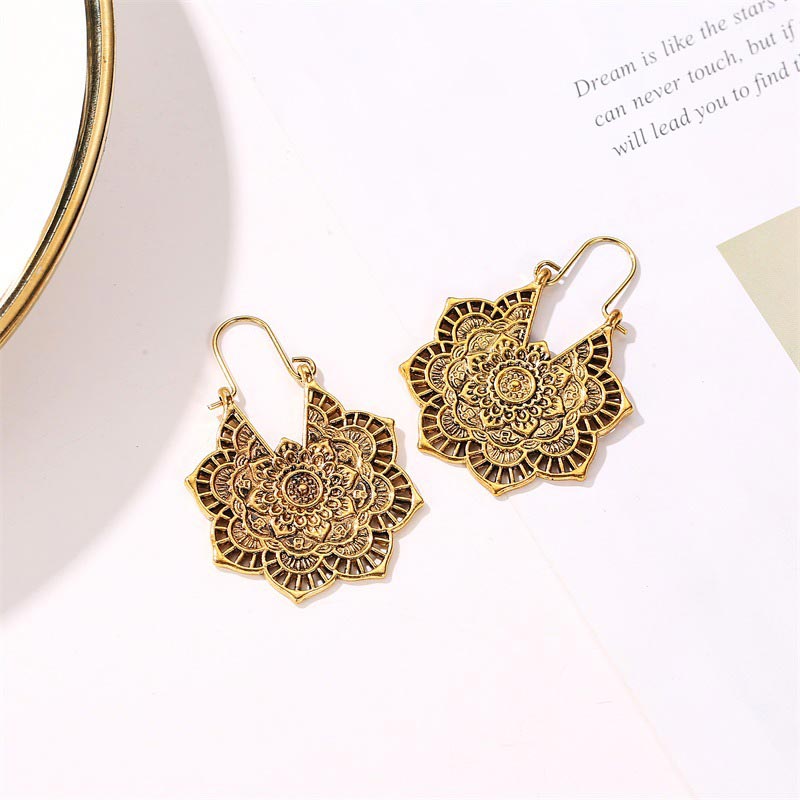 Buddha Stones Tibetan Lotus Engraving Copper Blessing Drop Earrings - image 2