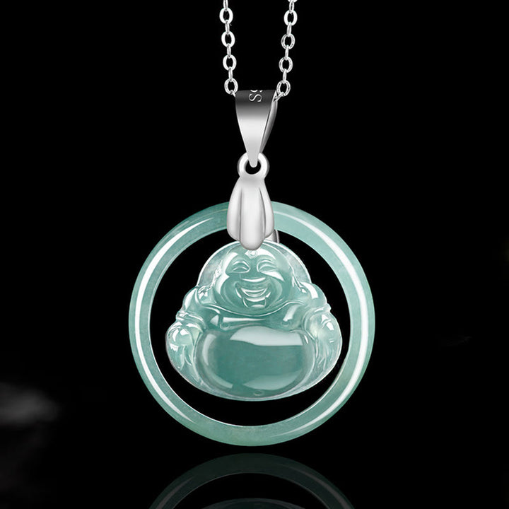 Buddha Stones Natural Jade Round Laughing Buddha Abundance Titanium Steel Chain Necklace Pendant - Laughing Buddha(Happiness♥Wealth) - image 0