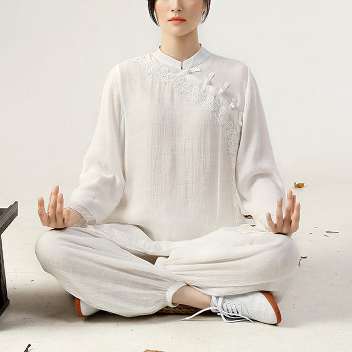 Buddha Stones 2Pcs Long Sleeve Frog-Button Meditation Prayer Zen Practice Tai Chi Uniform Clothing Women's Set