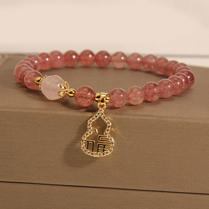 Buddha Stones Strawberry Quartz Gourd Fu Character Charm Positive Bracelet