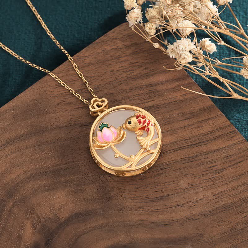 White Jade Koi Fish Lotus Blessing Necklace Pendant - image 2