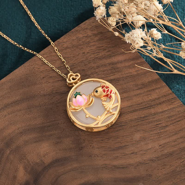 White Jade Koi Fish Lotus Blessing Necklace Pendant - image 2