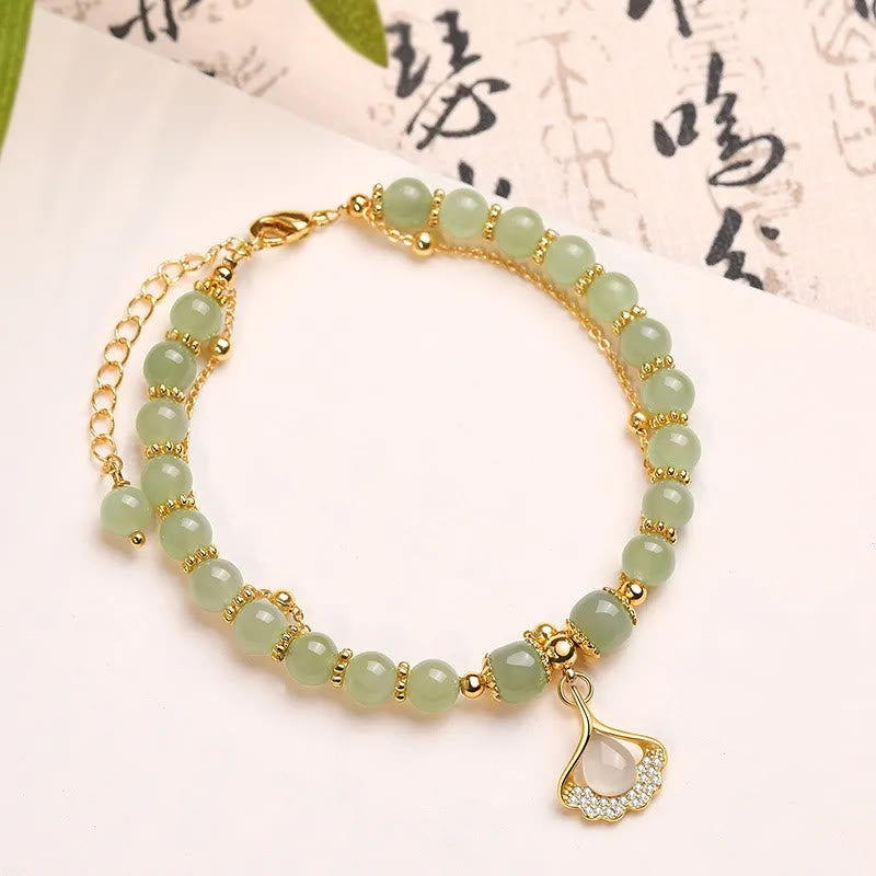 Buddha Stones Jade Leaf Ginkgo Tulip Peanut Fu Character Luck Beaded Bracelet - Ginkgo Leaf&Jade - image 10