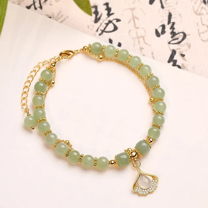 Buddha Stones Jade Leaf Ginkgo Tulip Peanut Fu Character Luck Beaded Bracelet - Ginkgo Leaf&Jade - image 10