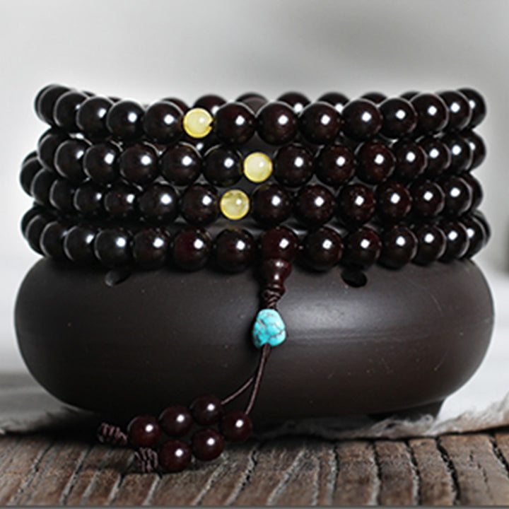 Buddha Stones 108 Mala Beads 4.8 Stars With Gold Star Indian Small Leaf Red Sandalwood Amber Turquoise Chinese Knotting Blessing Bracelet