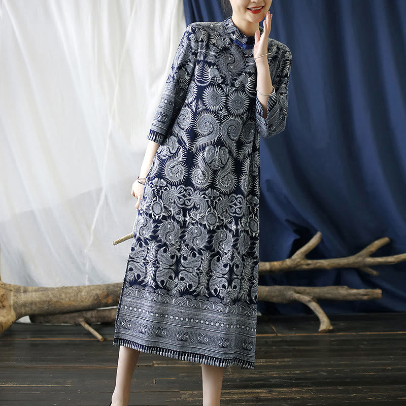 Buddha Stones Blue White Flower Frog-button Midi Dress Three Quarter Sleeve Linen Batik Dress With Pockets