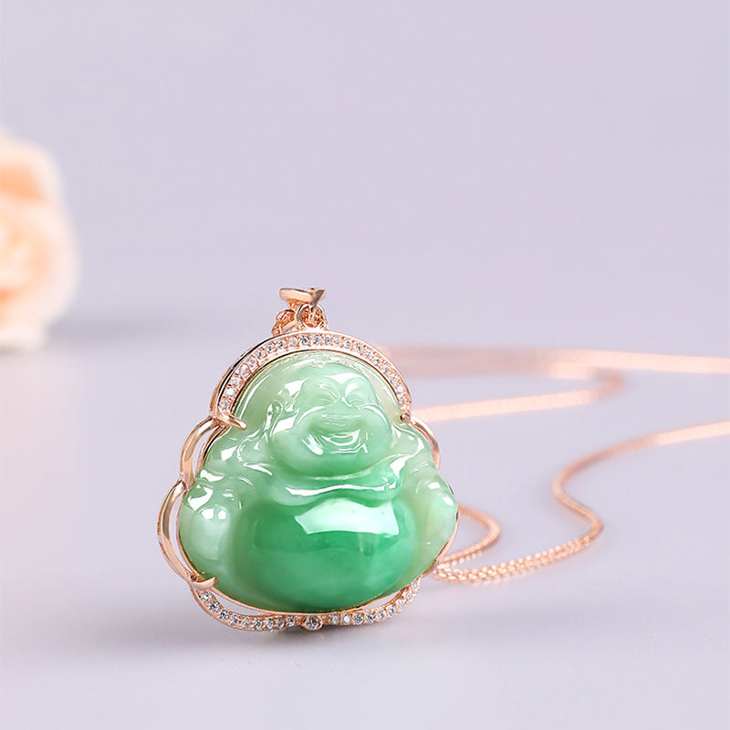 925 Sterling Silver Laughing Buddha Natural Jade Prosperity Necklace Chain Pendant - Peachpuff - image 1