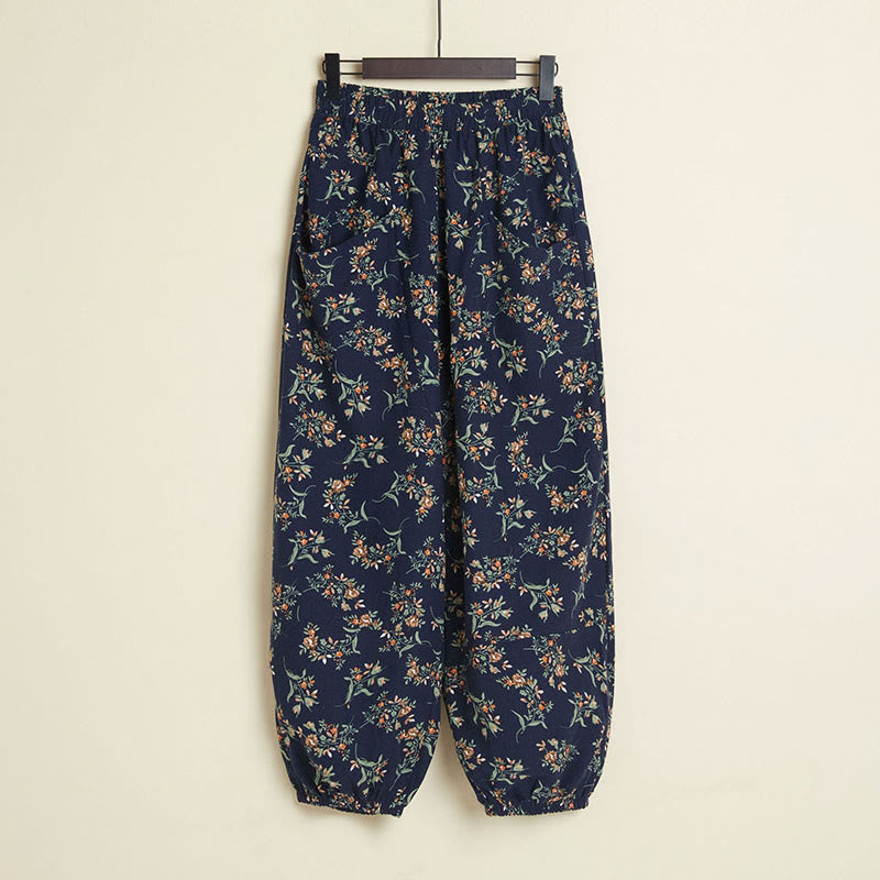 Buddha Stones Casual Flower Geometry Graffiti Pattern Cotton Linen Harem Pants With Pockets