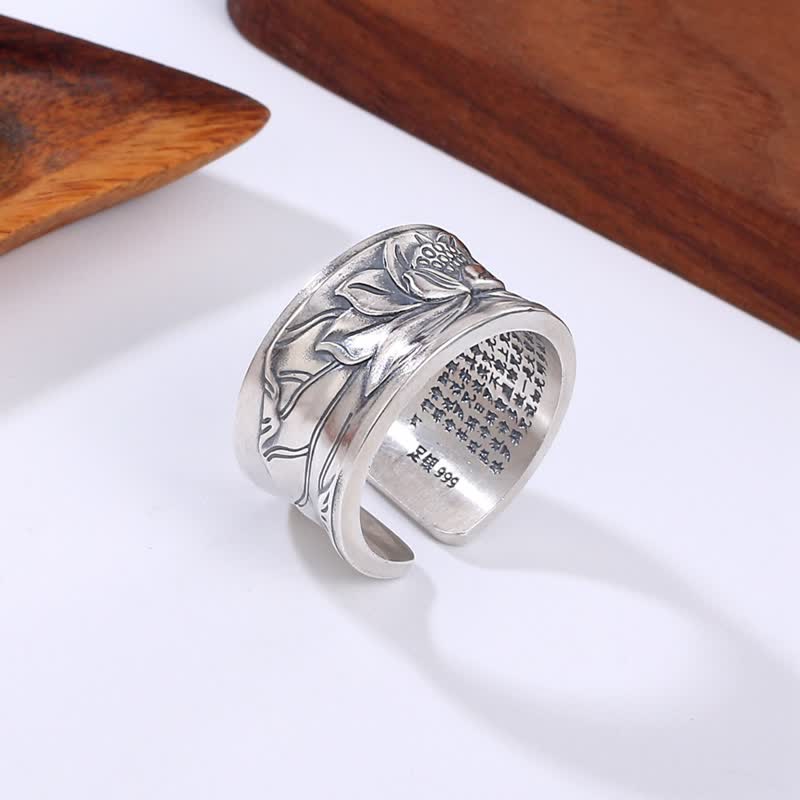 999 Sterling Silver Lotus Flower Heart Sutra Protection Ring