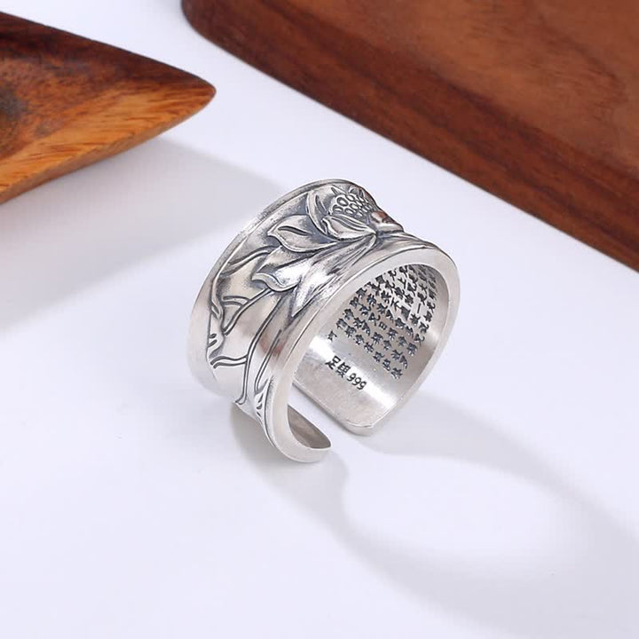 999 Sterling Silver Lotus Flower Heart Sutra Protection Ring