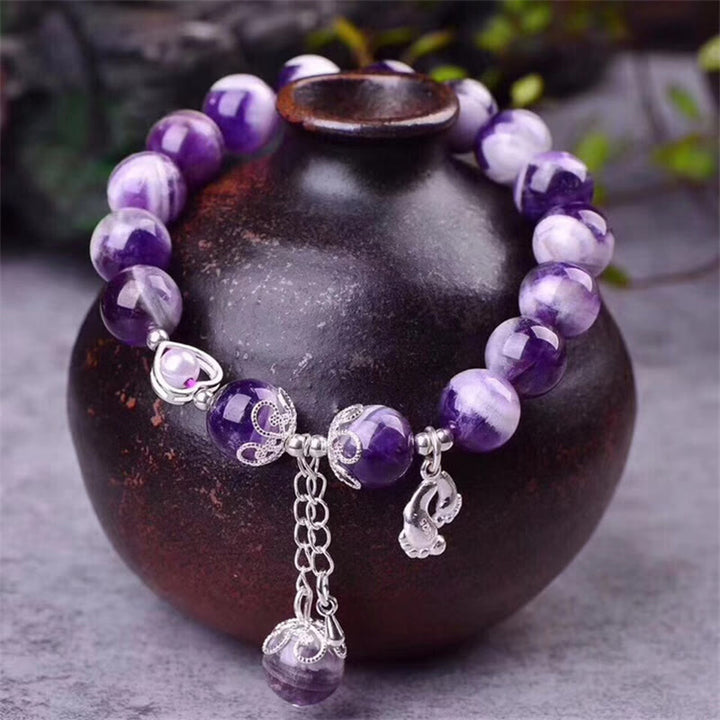 Buddha Stones 925 Sterling Silver Natural Amethyst Healing Feet Love Heart Charm Bracelet - image 1