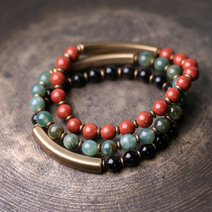 Buddha Stones Red Jasper Moss Agate Black Obsidian Crystal Copper Peace Couple Bracelet