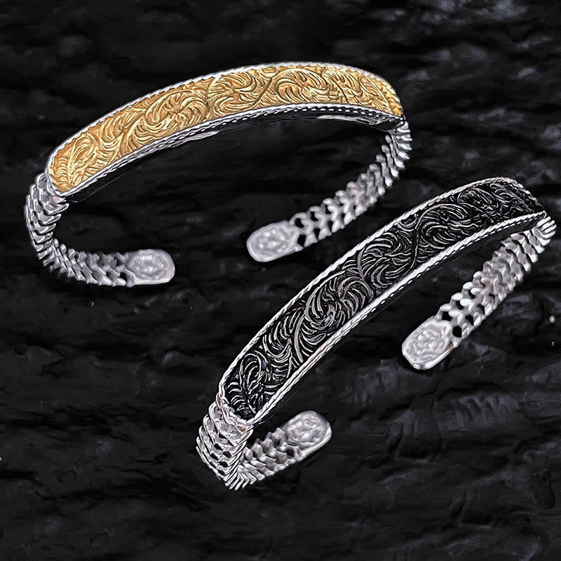Tang Dynasty Flower Design Engraved Copper Luck Cuff Bracelet Bangle Adjustable Ring - image 7