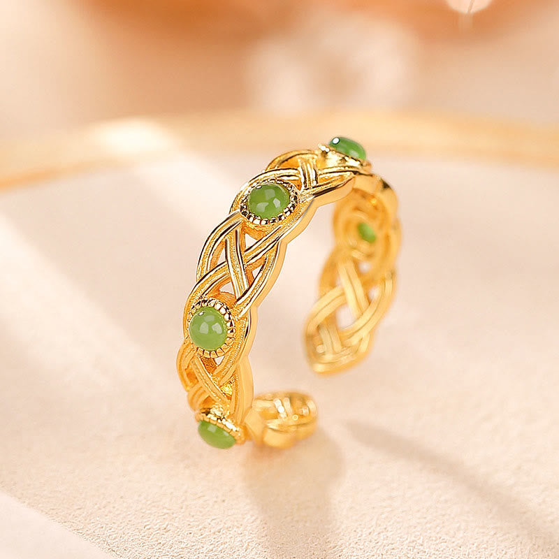 Buddha Stones 925 Sterling Silver Plated Gold Cyan Jade Braided Design Success Luck Adjustable Ring - Gold - image 1
