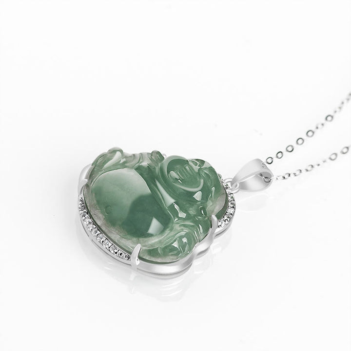 Buddha Stones 925 Sterling Silver Laughing Buddha Natural Jade Luck Prosperity Necklace Chain Pendant - image 4