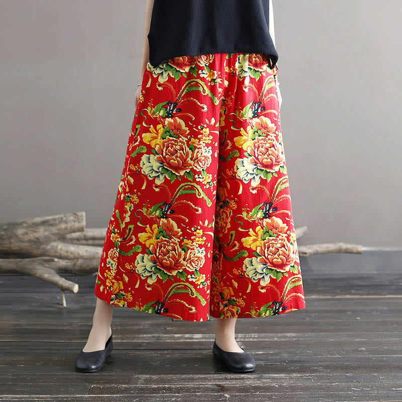 Buddha Stones Red Peony Flowers Cotton Linen Wide Leg Pants With Pockets