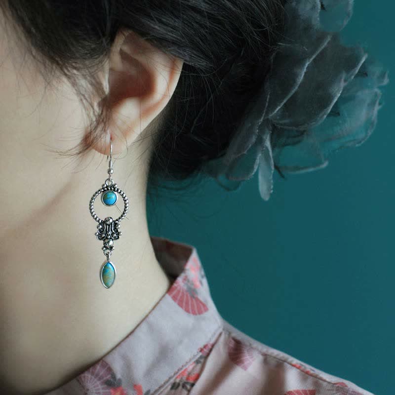 Buddha Stones 925 Sterling Silver Hook Vintage Copper Plated Silver Turquoise Waterdrop Pattern Balance Drop Dangle Earrings - image 1