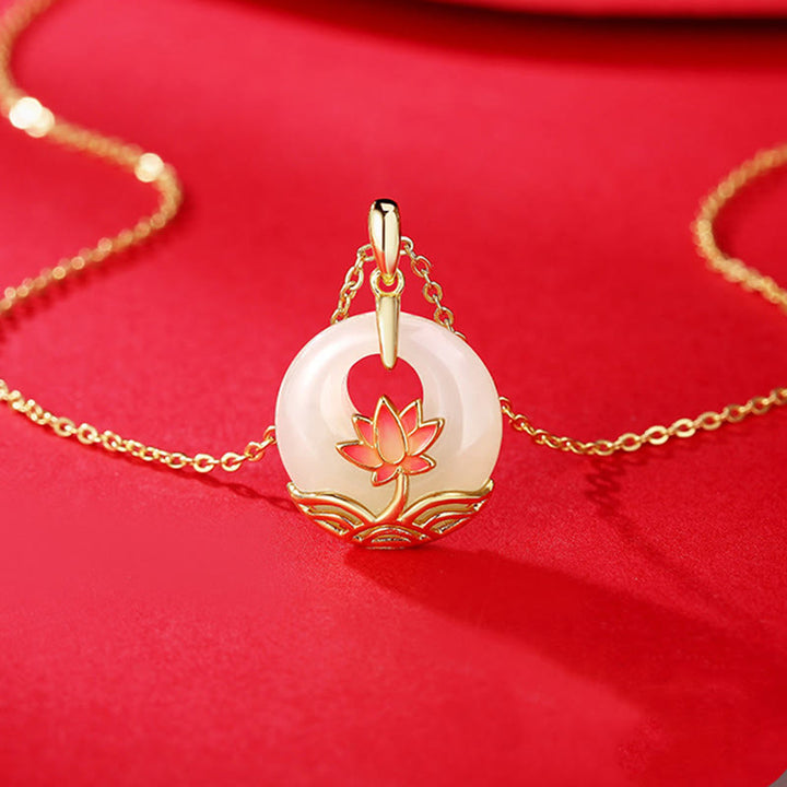 Buddha Stones 925 Sterling Silver Hetian White Jade Lotus Flower Blessing Necklace Pendant - image 3