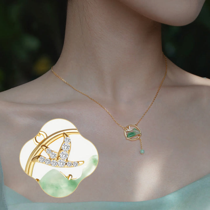 Buddha Stones 18K Gold Plated Copper Natural Jade Chalcedony A Panorama of Rivers and Mountains Luck Necklace Pendant Bracelet Set