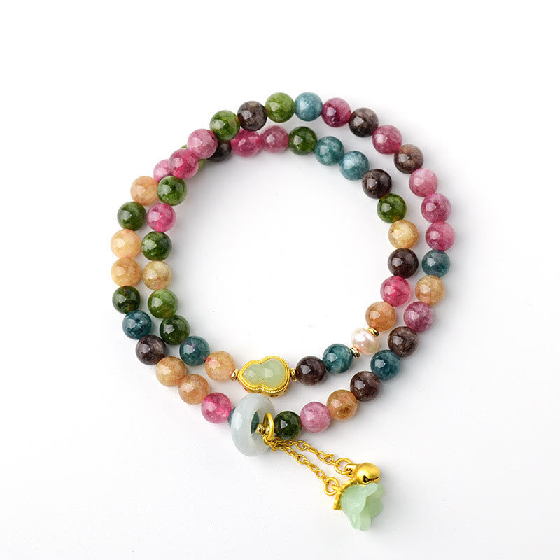 Buddha Stones Multicolored Tourmaline Gourd Wisdom Double Wrap Lily Of The Valley Charm Bracelet