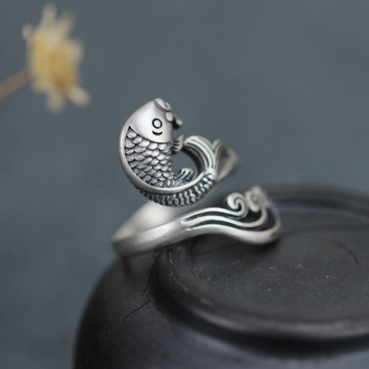 Buddha Stones 925 Sterling Silver Koi Fish Water Ripple Luck Wealth Ring - image 1