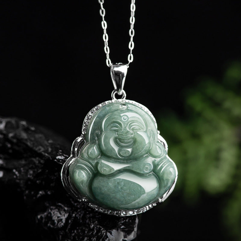 Buddha Stones 925 Sterling Silver Laughing Buddha Jade Abundance Necklace Chain Pendant - image 8