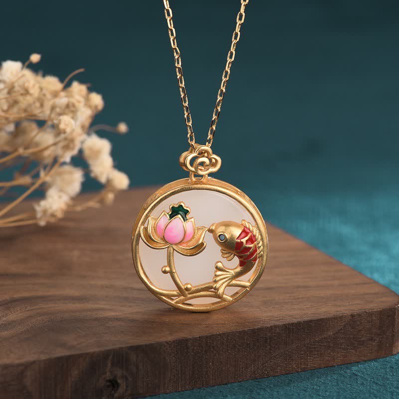 White Jade Koi Fish Lotus Blessing Necklace Pendant - White Jade - image 1