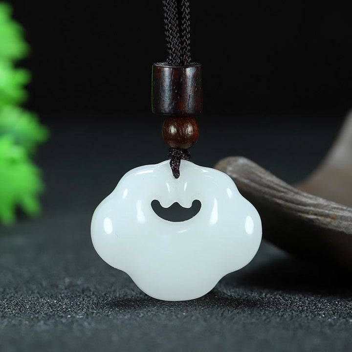 Buddha Stones Tianshan Jade Golden Silk Jade Chinese Lock Charm Abundance Necklace Pendant