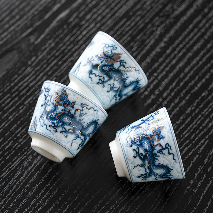 Buddha Stones Small Blue And White Dragon Pattern Ceramic Teacup Kung Fu Tea Cups 45ml