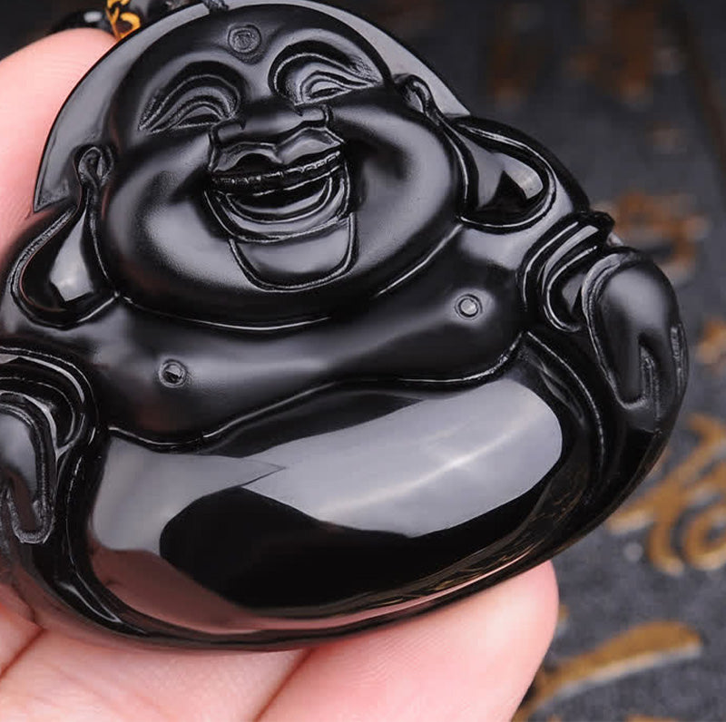 Buddha Stones Laughing Buddha Black Obsidian Transformation Pendant Necklace - image 4