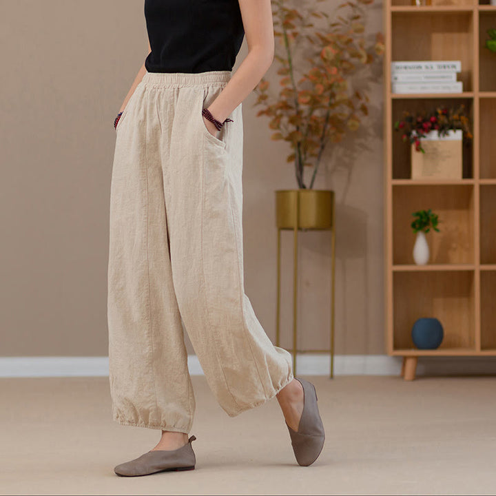 Buddha Stones Ramie Linen Flexible Waistband Yoga Harem Pants With Pockets